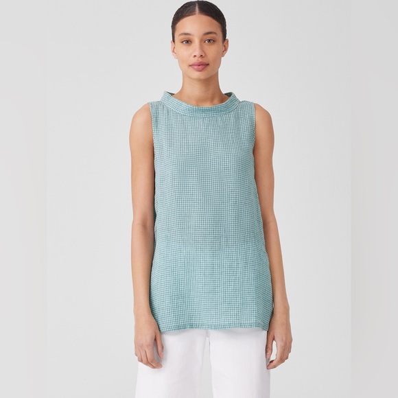NWT Eileen Fisher Puckered Organic Linen Mock Neck Top - Picture 1 of 5